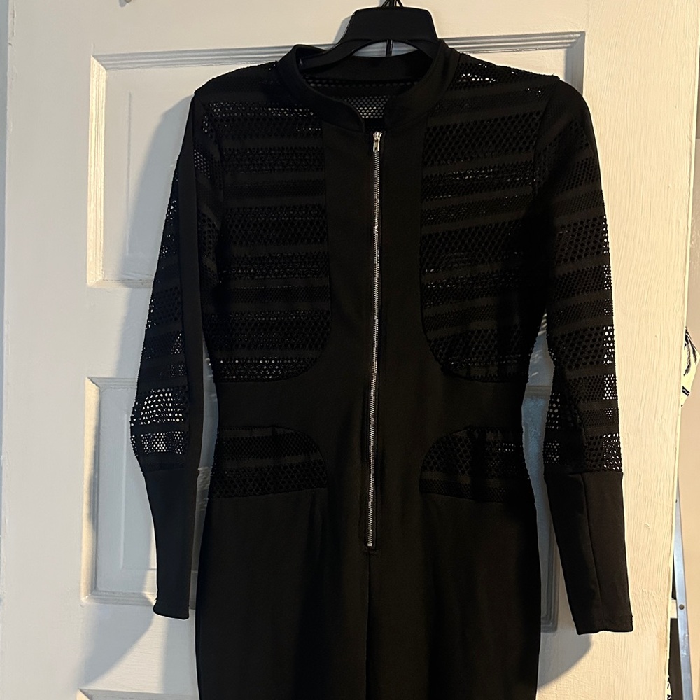 Chic Black Long Sleeve Jumpsuit with Mesh Accents